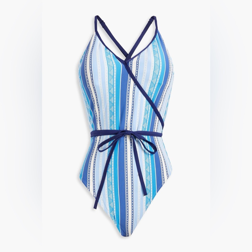 NWT - LEMLEM Eshal wrap-effect stretch-jacquard swimsuit - Blue and White - Sz S